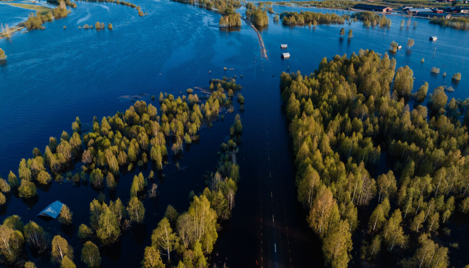 Torneälven har svämmat över av den kraftiga vårfloden, bilden är från Övertorneå. Torneälven har svämmat över av den kraftiga vårfloden, bilden är från Övertorneå.
