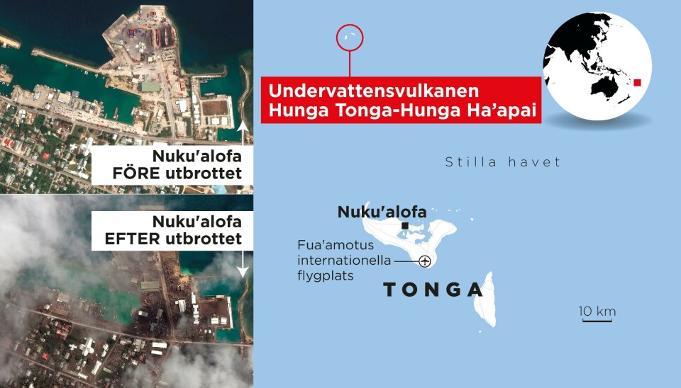 Det kraftiga vulkanutbrottet i havet utanför Tonga i januari 2022 spydde ut materia 57 kilometer upp i luften. Det kraftiga vulkanutbrottet i havet utanför Tonga i januari 2022 spydde ut materia 57 kilometer upp i luften.
