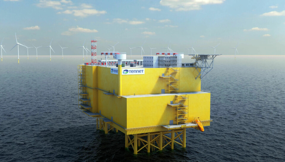 Så här tänker sig stamnätsoperatören Tennet att en omriktarstation ska se ut i Nordsjön. Hitachi Energy har fått kontrakt värt 145 miljarder kronor från Tennet.