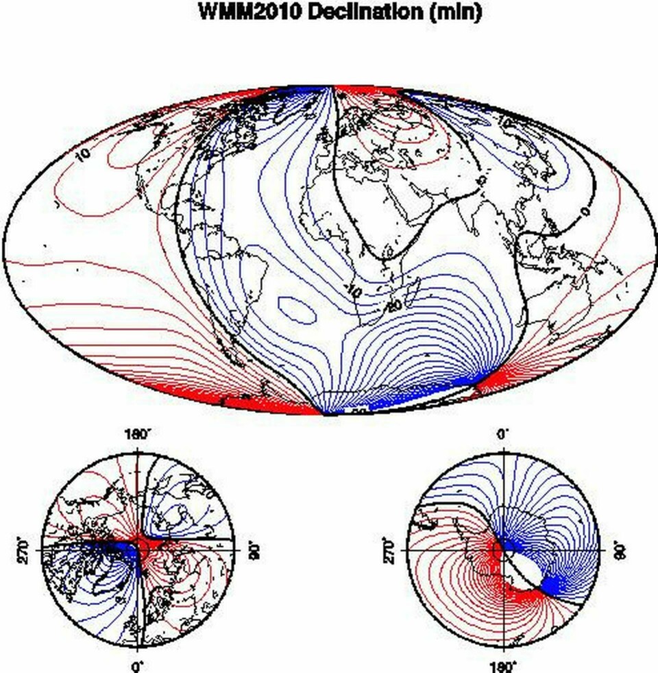 World Magnetic Map från 2010, som visar den magnetiska deklinationen vid havsnivån. Foto: Hutington