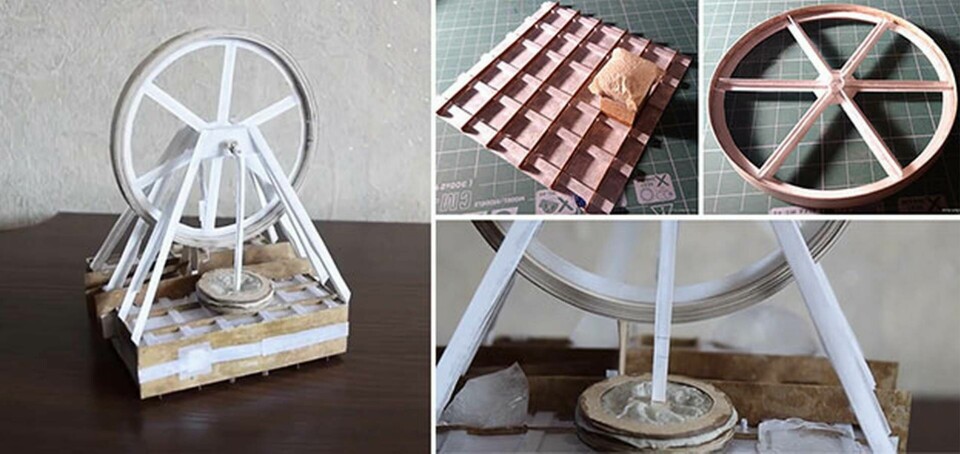 Stirlingmotorn byggs av papper och kan snurra 13 minuter på en 'tank'. Foto: Aliaksei Zholner