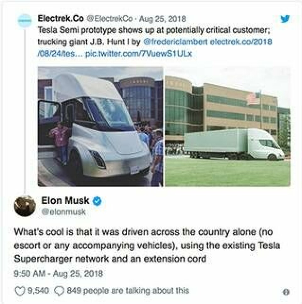 Elon Musk kommenterar händelsen på Twitter. Foto: Electrek