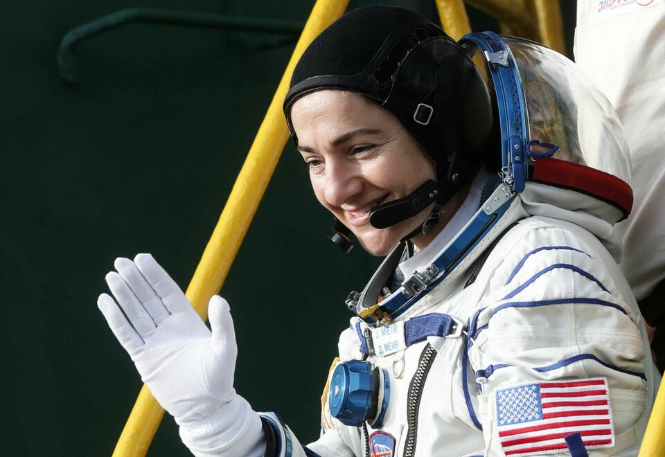Jessica Meir. Bilden är tagen i samband med att hon skickades upp till rymdstationen ISS i september i fjol. Foto: Maxim Shipenkov