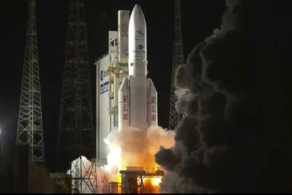 Här lyfter Ariane 5-raketen med rymdsonden BepiColombo från Kourou i Franska Guyana. Foto: ESA/TT