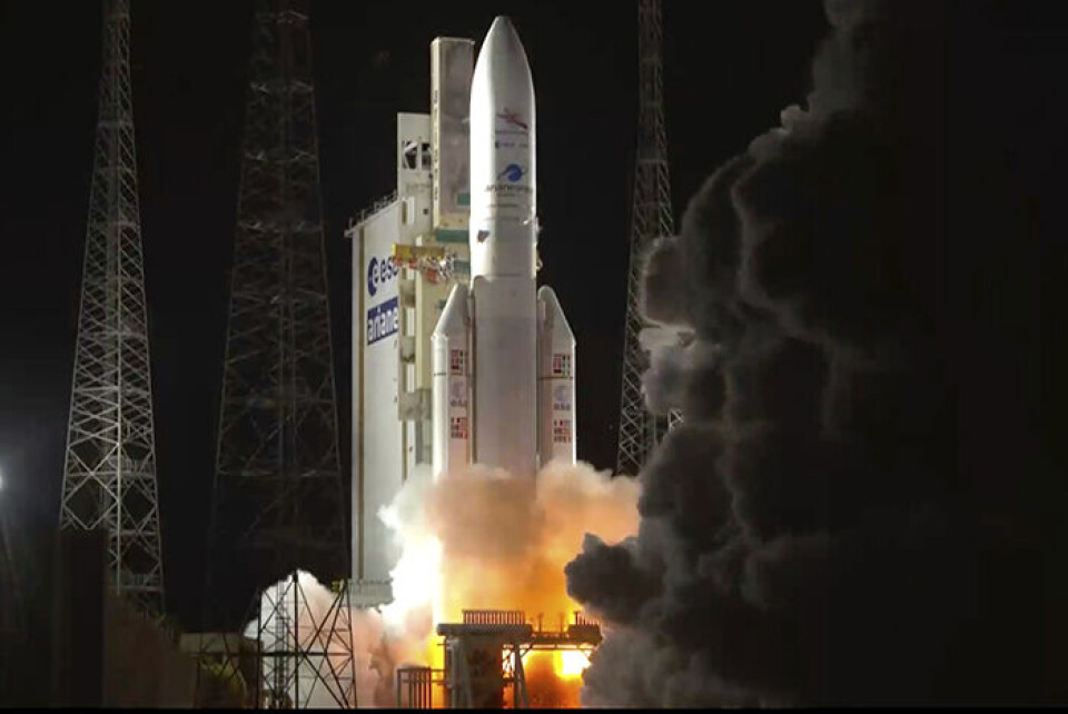 Här lyfter Ariane 5-raketen med rymdsonden BepiColombo från Kourou i Franska Guyana. Foto: ESA/TT Här lyfter Ariane 5-raketen med rymdsonden BepiColombo från Kourou i Franska Guyana. Foto: ESA/TT