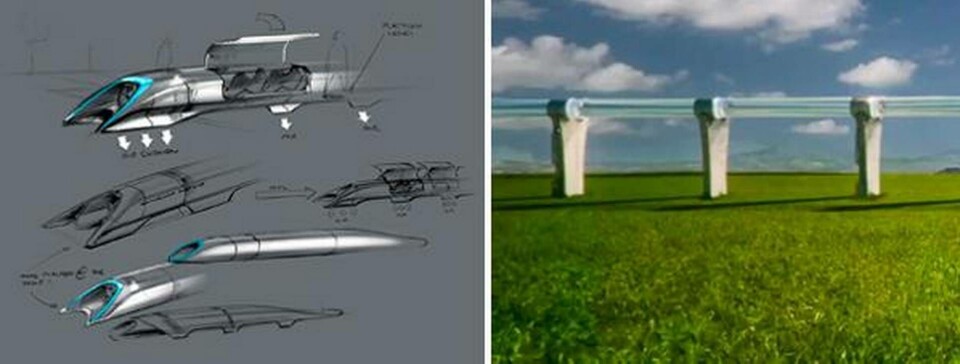 Vagnarna i Hyperloop ska färdas i överljudsfart i nästan lufttomma rör där de drivs av linjärmotorer och tryckluft med energi från solceller på rörens tak. Foto: SpaceX Vagnarna i Hyperloop ska färdas i överljudsfart i nästan lufttomma rör där de drivs av linjärmotorer och tryckluft med energi från solceller på rörens tak. Foto: SpaceX