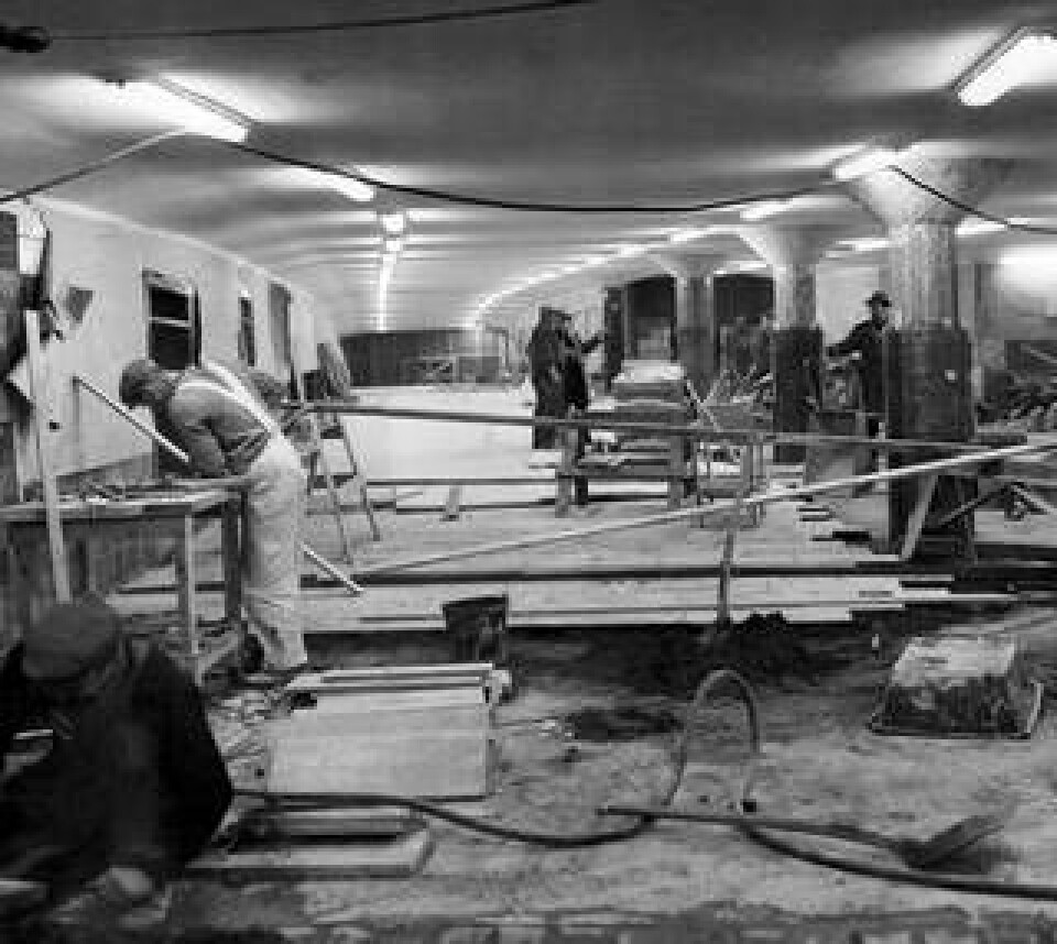 Arbete i tunneln mellan T-Centralen och Stockholms central i november 1958. Foto: Jan Ehnemark / SvD / TT