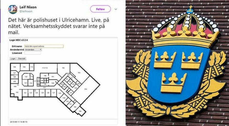 Skärmavbild från Twitter samt arkivbild av ett polisemblem på ett polishus. Foto: Skärmavbild från Twitter & Johan Nilsson / TT
