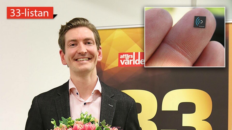Mikael Egard, en av Acconeers grundare. Infälld: Företagets lilla radarkrets som kan byggas in i mobiler. Foto: Acconeer, Olivia Synnerdahl Mikael Egard, en av Acconeers grundare. Infälld: Företagets lilla radarkrets som kan byggas in i mobiler. Foto: Acconeer, Olivia Synnerdahl