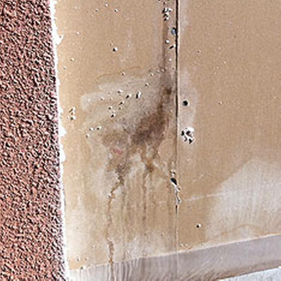 Fukt i enstegstätad fasad. Foto: Byggnadsundersökningar Fukt i enstegstätad fasad. Foto: Byggnadsundersökningar