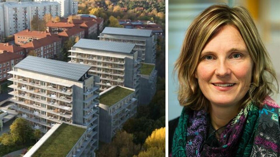 Riksbyggen installerar solceller på alla nya bostadsprojekt där det är tekniskt lämpligt. På bilden syns bostadsrättsföreningen Viva Göteborg som just nu byggs, samt energistrategen Mari-Louise Persson. Bilden är ett montage. Foto: Riksbyggen Riksbyggen installerar solceller på alla nya bostadsprojekt där det är tekniskt lämpligt. På bilden syns bostadsrättsföreningen Viva Göteborg som just nu byggs, samt energistrategen Mari-Louise Persson. Bilden är ett montage. Foto: Riksbyggen