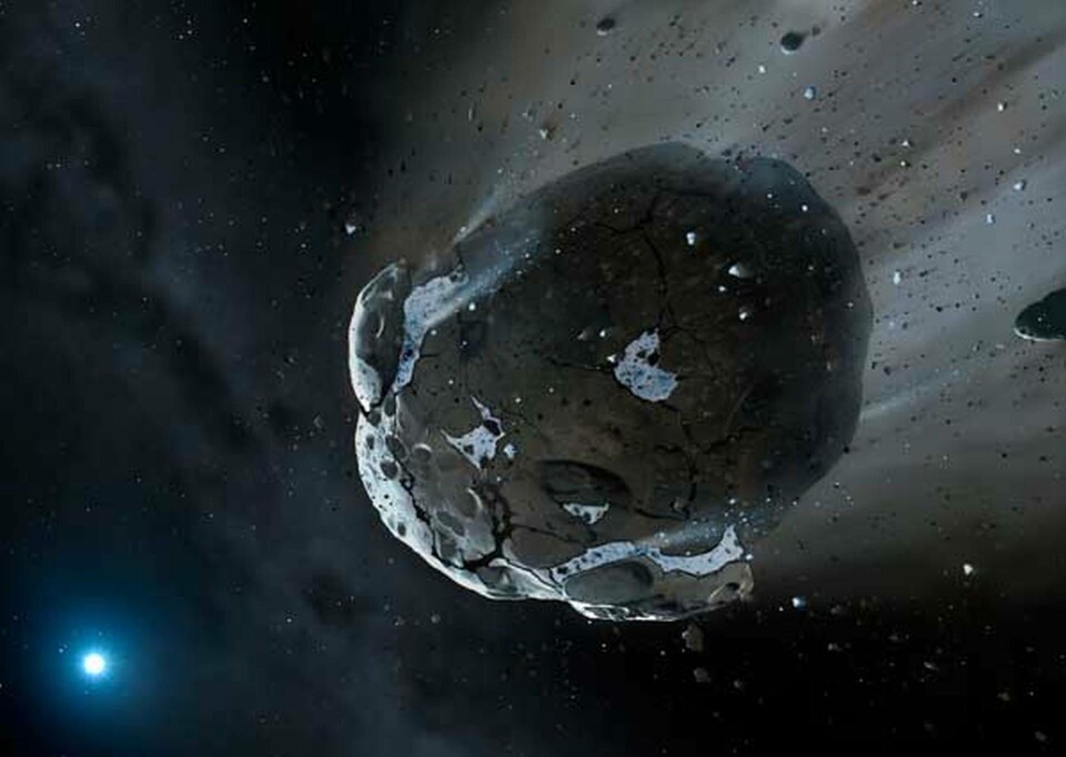 Illustration av hur en vattenrik asteroid slits sönder vid inträdet i atmosfären till en vit dvärg. Foto: Mark A. Garlick, space-art.co.uk, University of Warwick Illustration av hur en vattenrik asteroid slits sönder vid inträdet i atmosfären till en vit dvärg. Foto: Mark A. Garlick, space-art.co.uk, University of Warwick