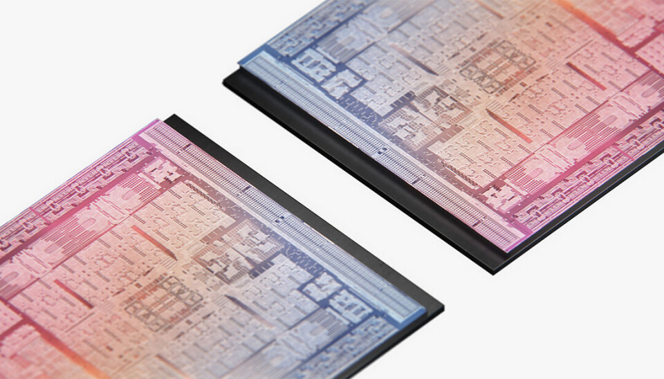 M2 Ultra kombinerar två M2 Max-chip i ett. Bilden visar Apples nya värstingchip M2 Ultra, som byggs med två M2 Max-kretsar som sammanfogats.