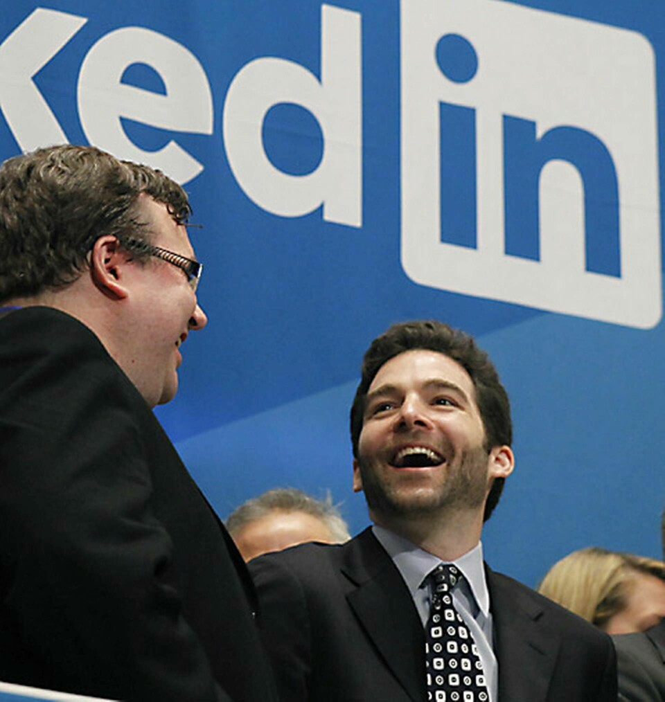 Reid Hoffman, Linkedins grundare, och vd:n Jeff Weiner firar bolagets börsnotering. Foto: Scanpix