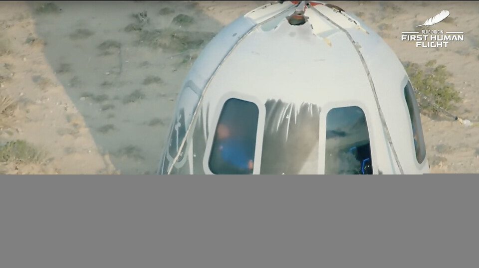 Blue Origins kapsel landade efter rymdfärden 20 juli 2021. Foto: Blue Origin Blue Origins kapsel landade efter rymdfärden 20 juli 2021. Foto: Blue Origin