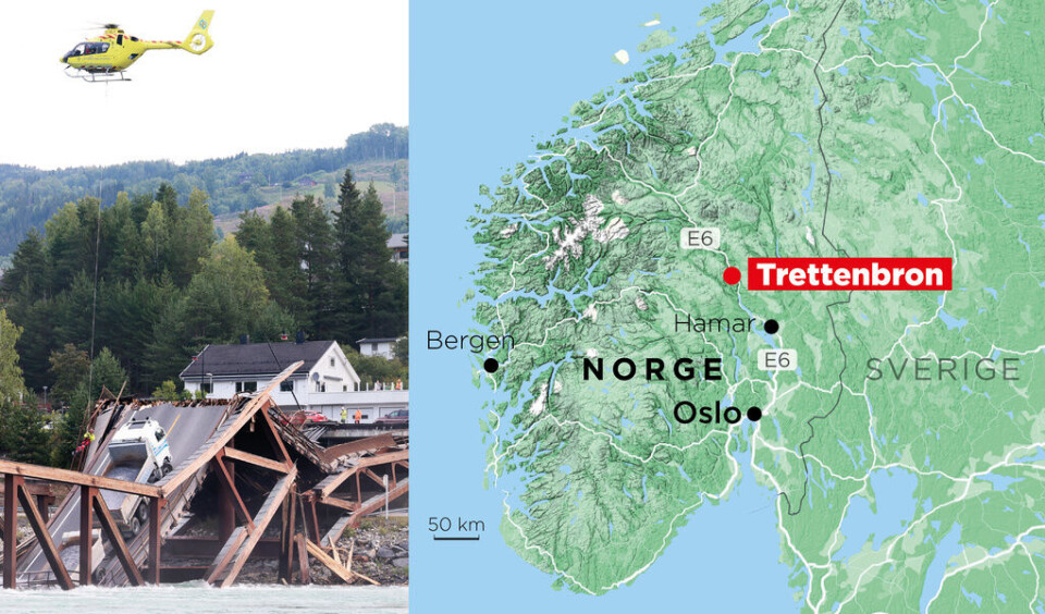 Trettenbron i Øyer kommun i Norge har rasat. Foto: Johan Hallnäs/TT Trettenbron i Øyer kommun i Norge har rasat. Foto: Johan Hallnäs/TT