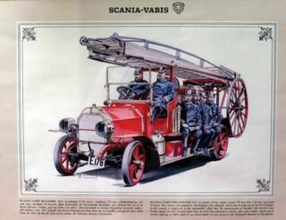Vilken som var den första svensktillverkade brandbilen är oklart. Scania Vabis konstruerade 1912 denna bil, som levererades till Norrköping året därpå. Bild på Scaniamuseet i Södertälje. Foto: MATS KARLSSON