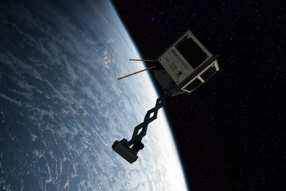 En illustration över hur satelliten kommer att se ut i rymden. Foto: Wisa Plywood