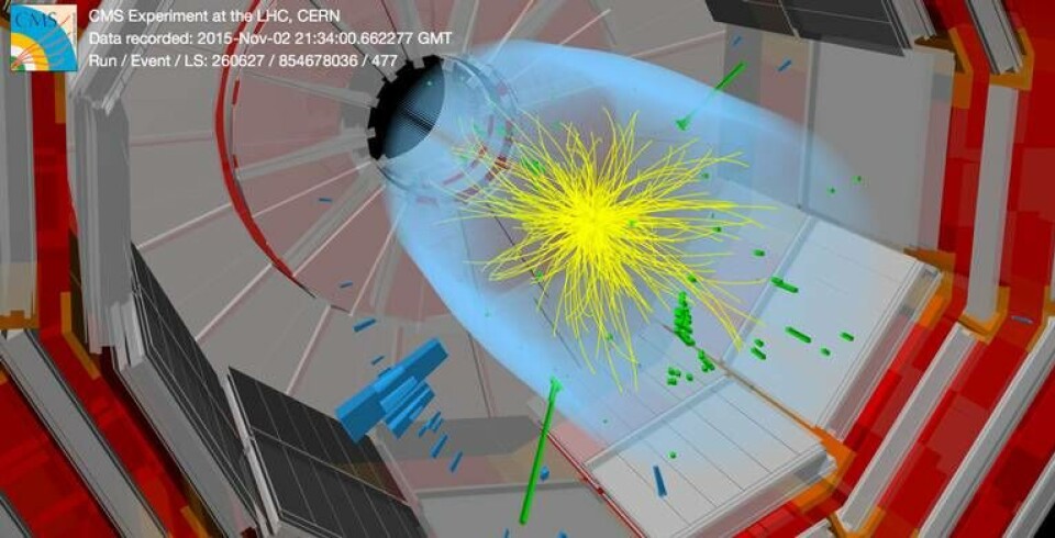 Händelsen fysiker världen över diskuterar; protonkollisionen där en partikel med energin 750 till 760 GeV proton verkar ha sönderfallit till två fotoner. Händelsen registrerades i såväl CMS som Atlas-detektorn. Foto: CMS Händelsen fysiker världen över diskuterar; protonkollisionen där en partikel med energin 750 till 760 GeV proton verkar ha sönderfallit till två fotoner. Händelsen registrerades i såväl CMS som Atlas-detektorn. Foto: CMS