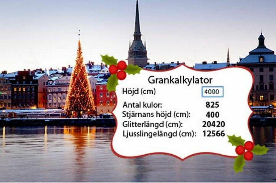 Den 40 meter höga julgranen på Skeppsbron i Stockholm bör ha 825 kulor och 204 meter glitter för att vara perfekt. Foto: Åke Gunnarsson/www.bildbas.com