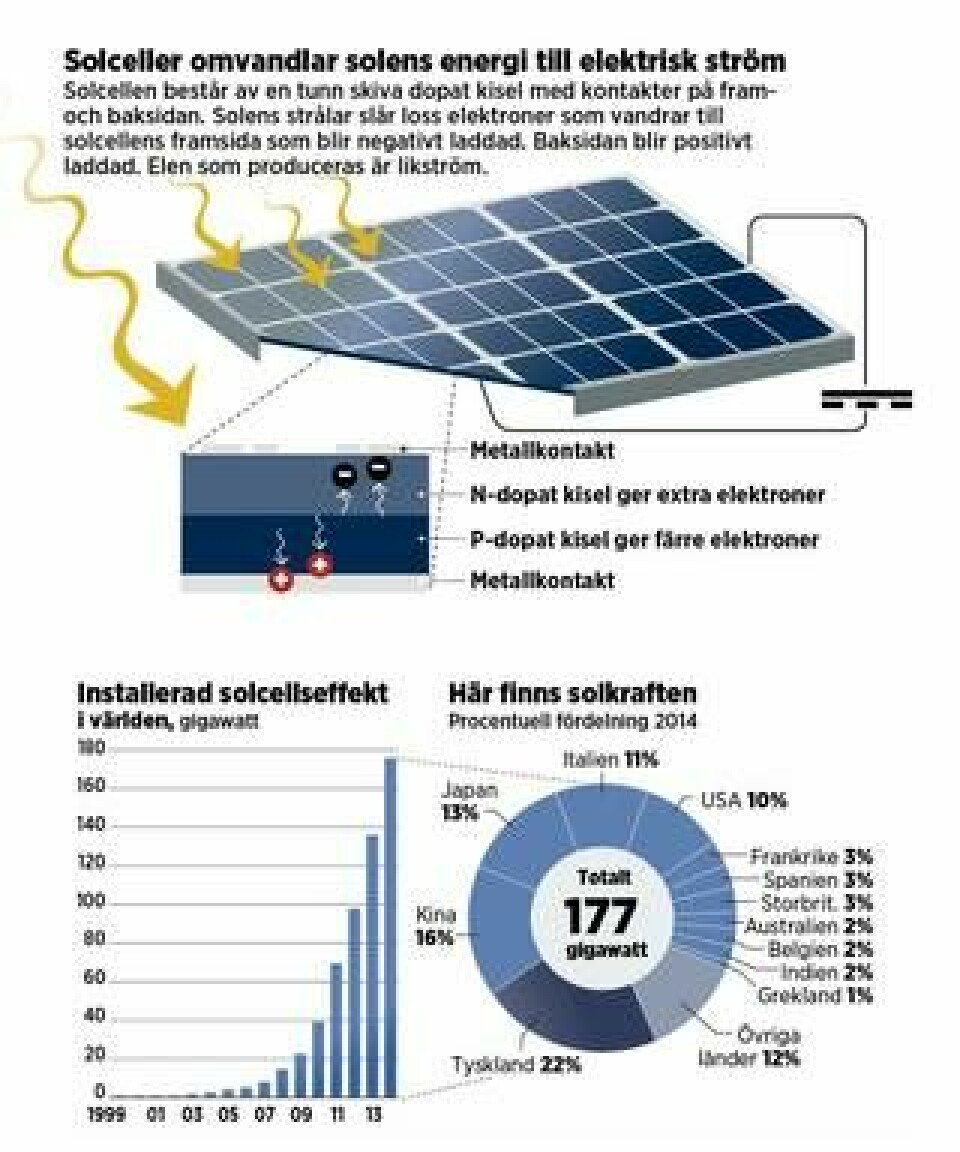 Solceller omvandlar solens energi till elektrisk ström. (Klicka för större grafik) Källa: IEA-PVPS. Grafik: Jonas Askergren.