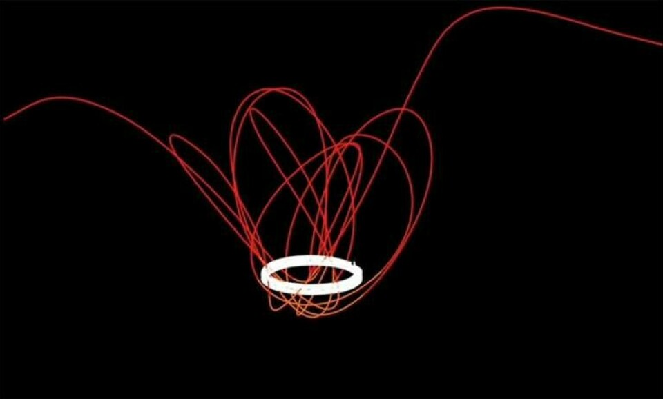Den vita ringen visar månens bana kring (den osynliga) jorden och de röda linjerna demonstrerar 2020 CD3:s ingång, omloppsbana samt förmodade utträde. Foto: Gravity Simulator / Tony Dunn