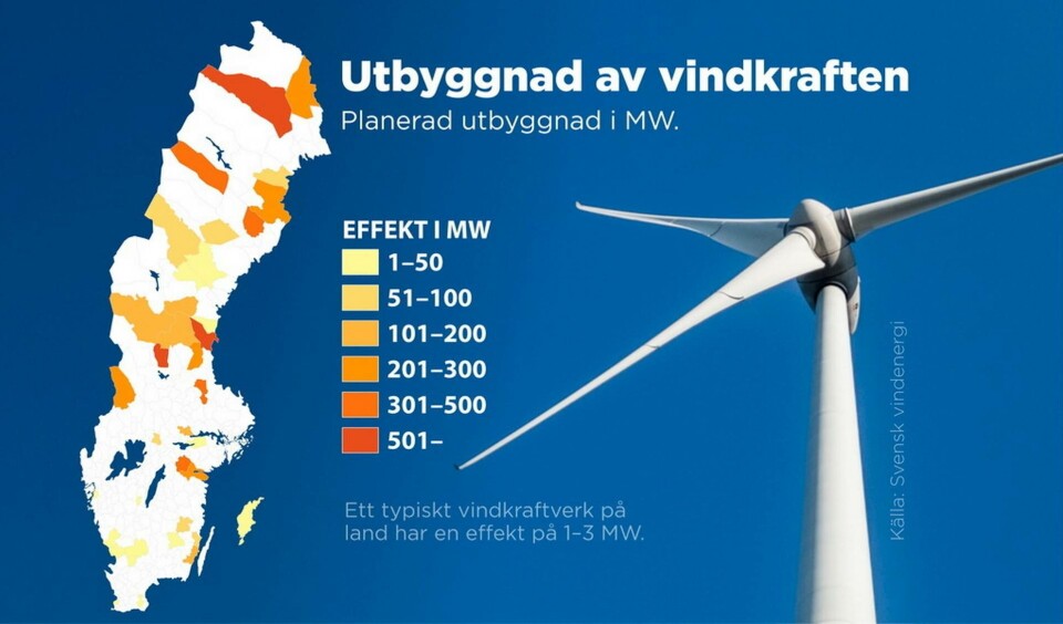 Planerad utbyggnad av vindkraft i Sverige (MW). Foto: Anders Humlebo/TT Planerad utbyggnad av vindkraft i Sverige (MW). Foto: Anders Humlebo/TT