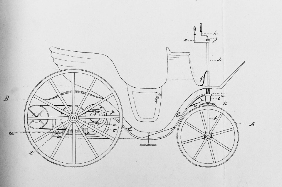 Leonard Laestadius ”elektromagnetiska wagn” var, som även de senare tillverkade tidiga elbilarna, en ombyggd hästdragen vagn. Styrningen ordnades genom att de två framhjulen ersattes med ett. Foto: MATS KARLSSON