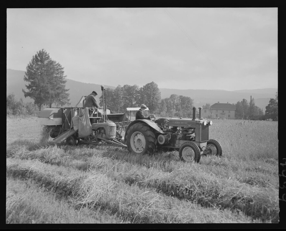 Skörd i slutet av 1950-talet i Hokksund i Norge. Foto: Okänd / Nasjonalbiblioteket Skörd i slutet av 1950-talet i Hokksund i Norge. Foto: Okänd / Nasjonalbiblioteket