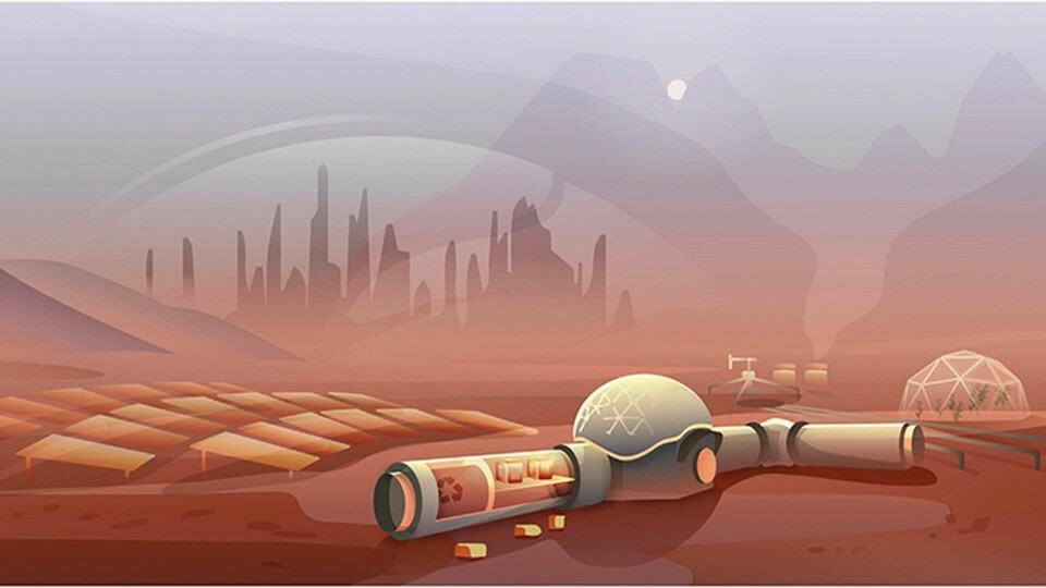 Konstnärlig tolkning av hur det skulle kunna se u vid en bemannad biotillverkning på Mars, som drivs av solceller och som kan syntetisera mat och läkemedel, tillverka biopolymerer och återvinna biologiskt avfall. Bilden är beskuren. Foto: Davian Ho