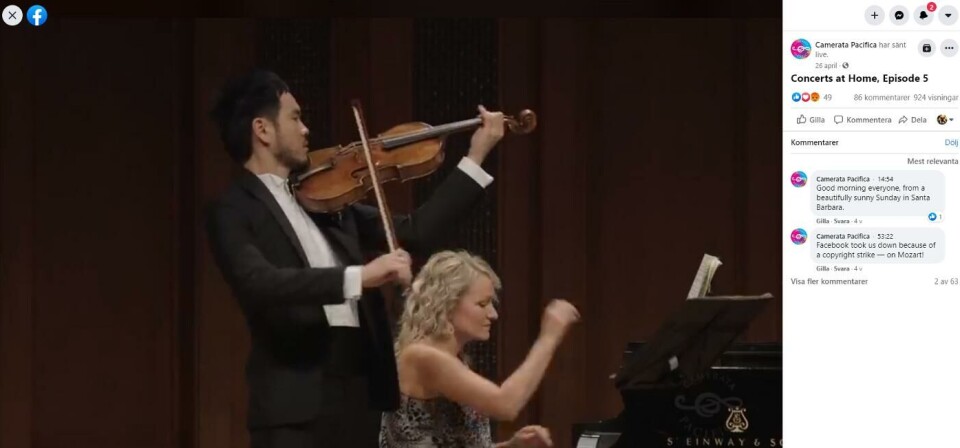 Camerata Pacificas återutsändning av en Mozart-trio stoppades av upphovsrättsfiltret. Foto: Skärmdump från Facebook Camerata Pacificas återutsändning av en Mozart-trio stoppades av upphovsrättsfiltret. Foto: Skärmdump från Facebook