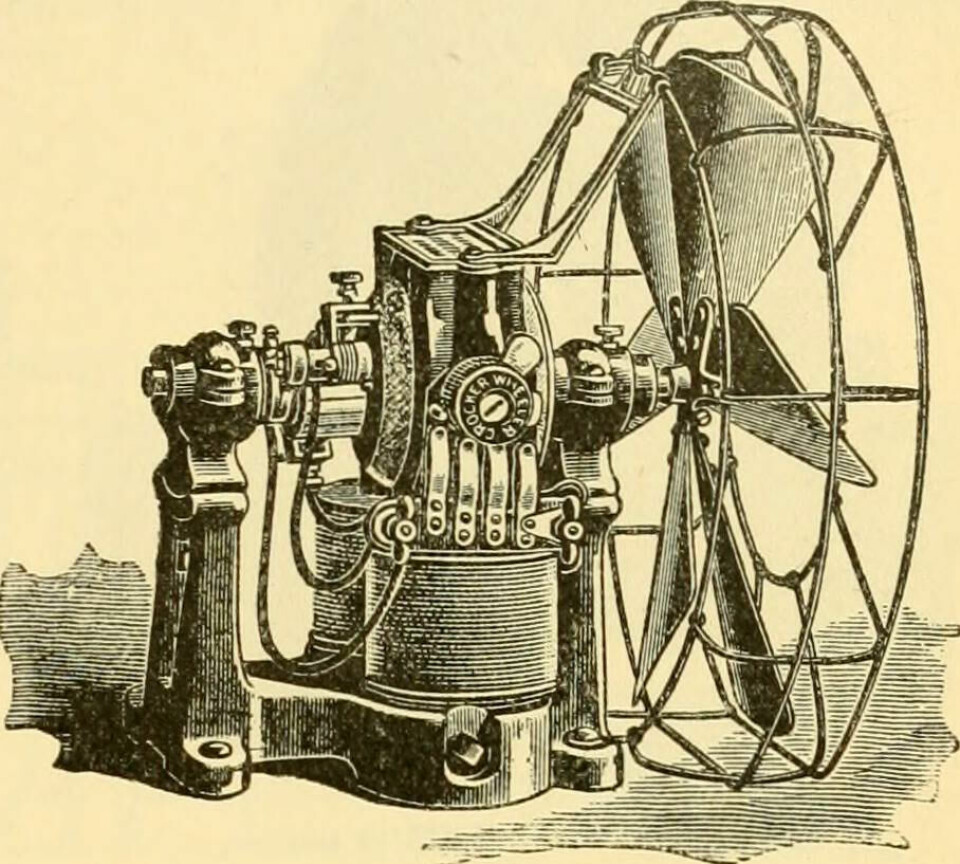 En elektrisk Crocker-Wheeler-fläkt i en illustration från 1892.