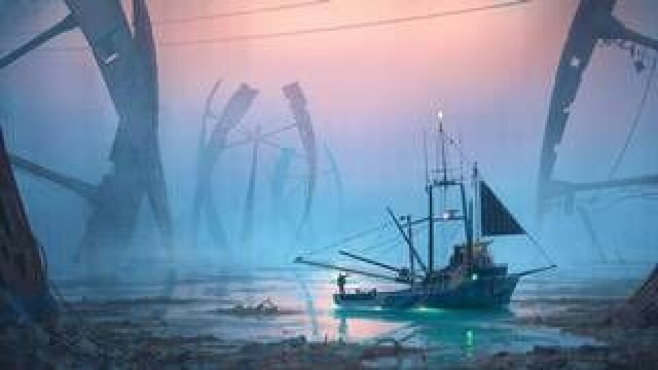 Den sista fiskaren. Havet är nedsmutsat och vindkraftverken till sjöss har övergivits.
