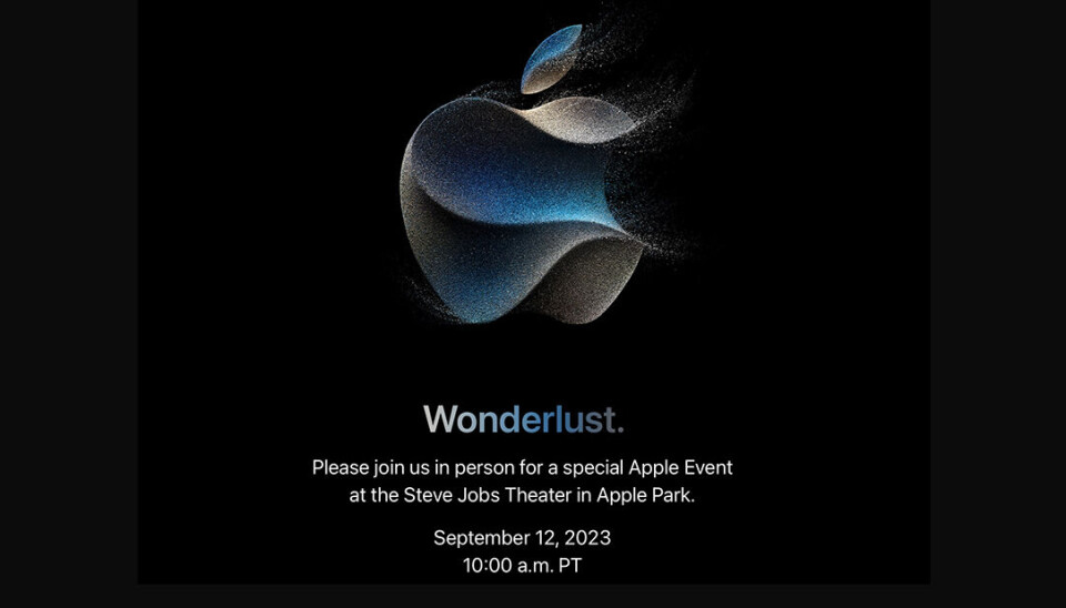 Nästa Iphone-lansering sker inom kort. Inbjudan till årets lansering av Apple-telefoner. Bakgrunden är svart, och i mitten syns Apples logotyp.