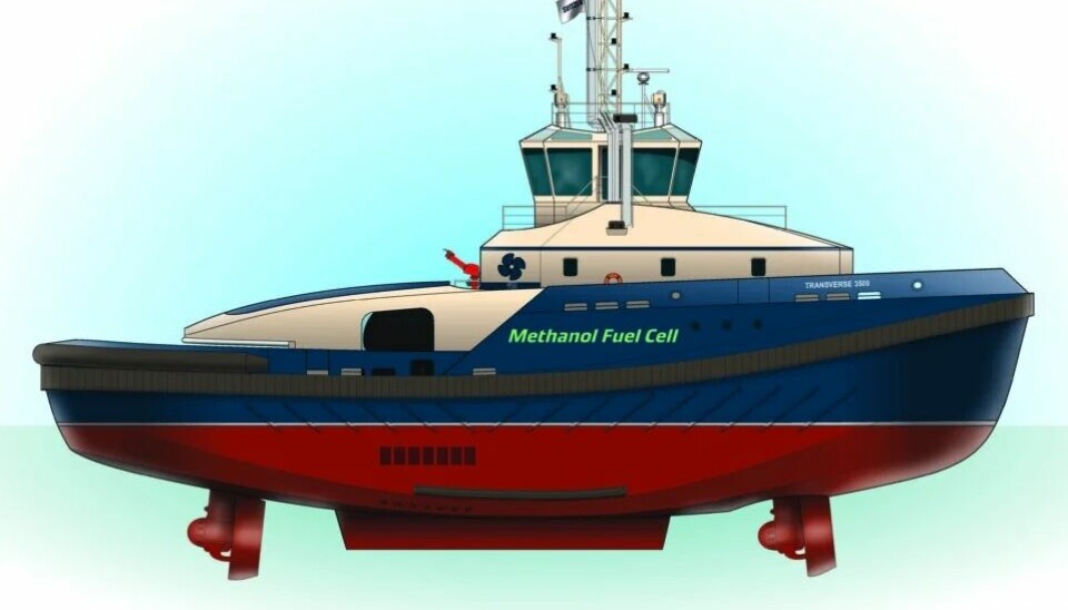 Illustration av den metanol-bränslecellshybrid som utvecklas av Svitzer. Den första bogserbåten med drivlinan förväntas tas i drift 2025 i Göteborgs hamn.