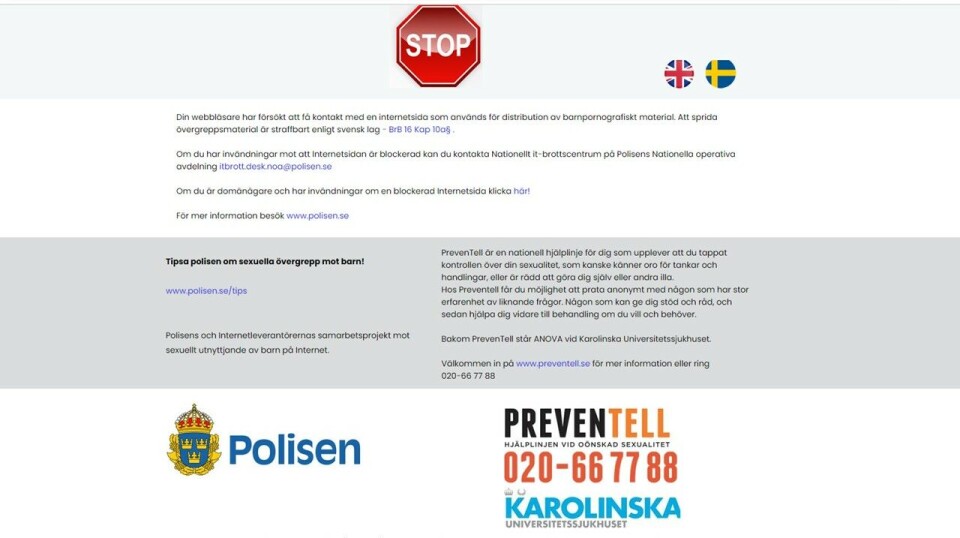 Skärmbilden som möter den som försökt eller råkat komma åt en av de blockerade sajterna. Skärmbilden som möter den som försökt eller råkat komma åt en av de blockerade sajterna.