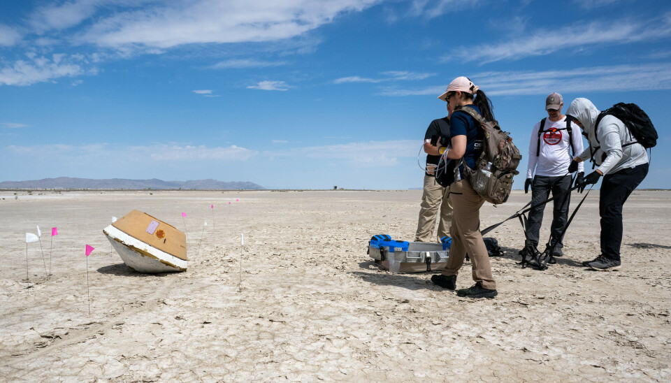 Nasa conducted an exercise in August 2023 ahead of this weekend's gravel delivery. People in the desert and a capsule on the ground.