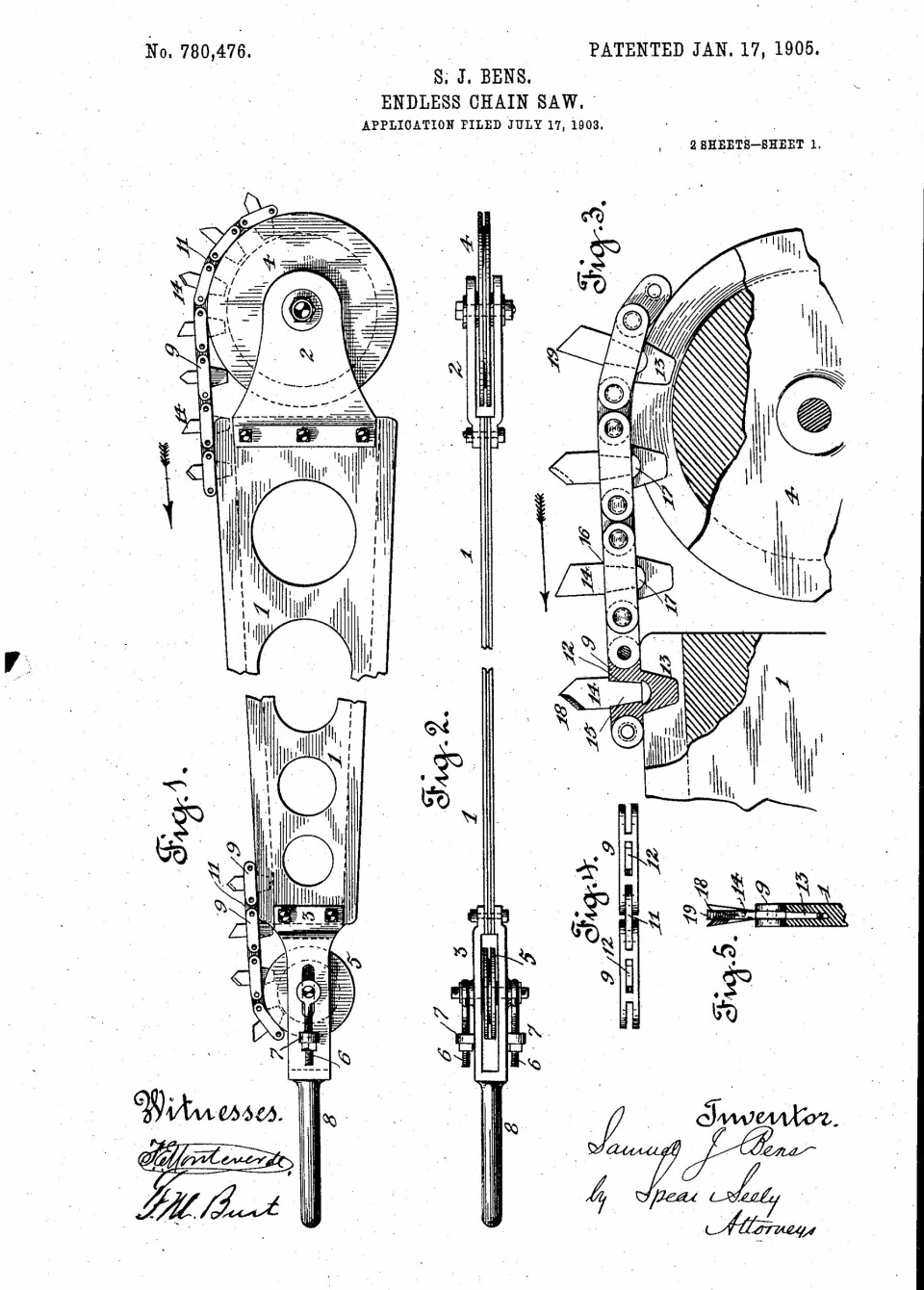 Patentritningar som visar uppfinnarens motorsåg