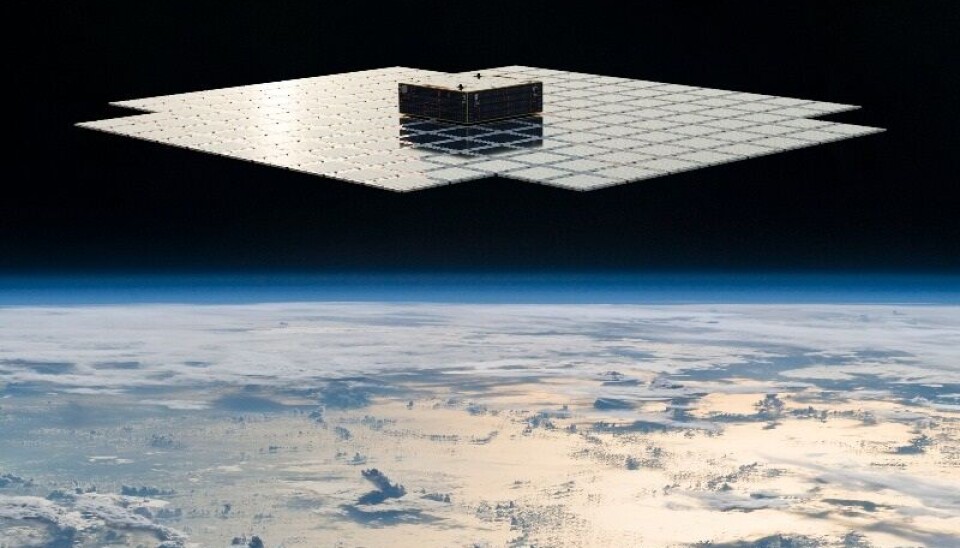 En illustration av Bluewalker 3. En illustration av en satellit.