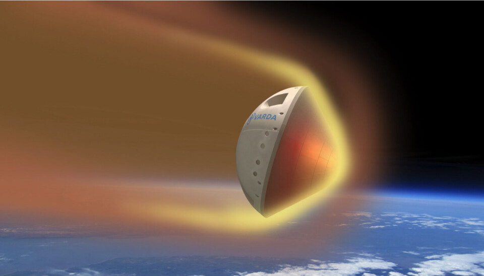 Illustration av kapseln när den tar sig in i atmosfären med de producerade läkemedelskristallerna. En kapsel på väg in i atmosfären.