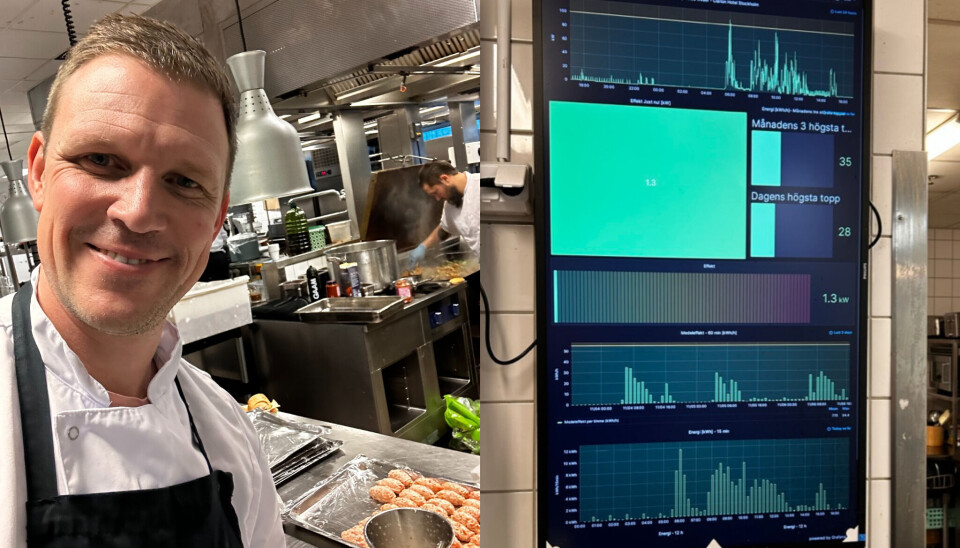 Fredrik Björklund, grundare Awareify. Effektoptimerarens data visualiseras på en skärm centralt placerad i rummet. Fredrik Björklund, grundare Awareify. Effektoptimerarens data visualiseras på en skärm centralt placerad i rummet.