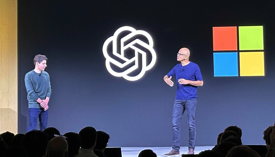 Sam Altman, till vänster, på scen tillsammans med Microsofts vd Satya Nadella. Arkivbild.