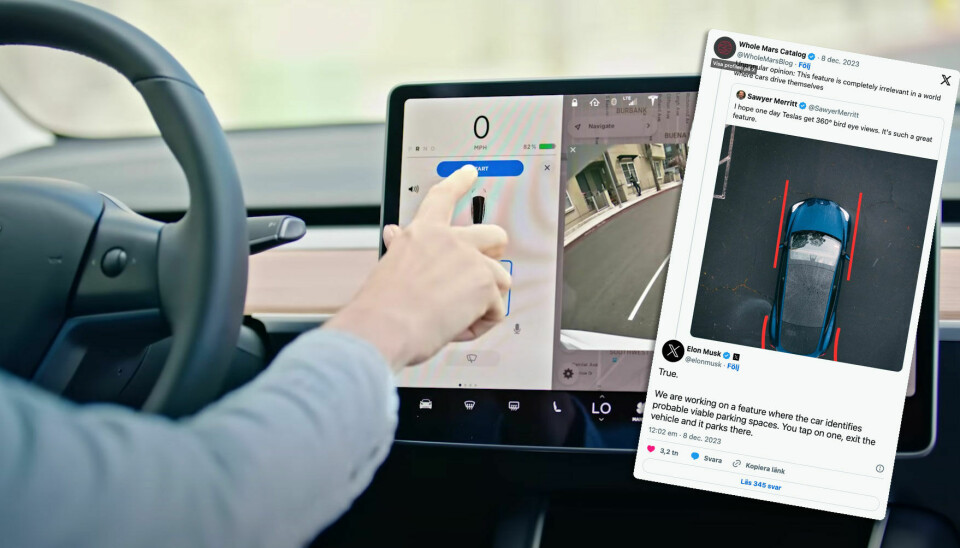 Funktionen Auto park i en Tesla Model 3. Infälld skärmdump på X där Elon Musk bekräftar att man jobbar på en ny parkeringsassistent där föraren inte behöver sitta i bilen.