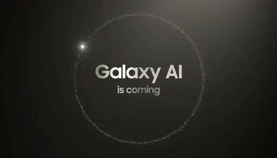 Bilden visar en logotyp för Samsung Galaxy AI-satsning. Illustrationen visar vit text mot svart bakgrund i en vit ring.