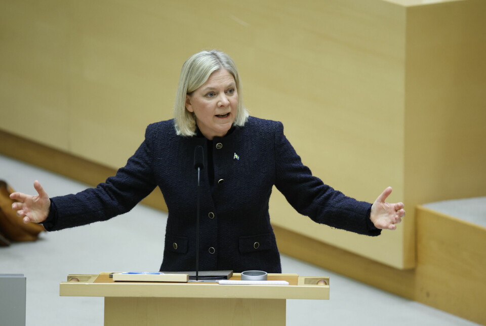 Socialdemokraternas partiledare Magdalena Andersson (S) under partiledardebatten i riksdagen.