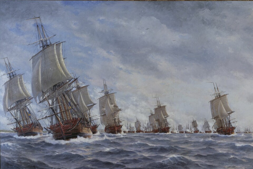 Militära segelfartyg i en oljemålning