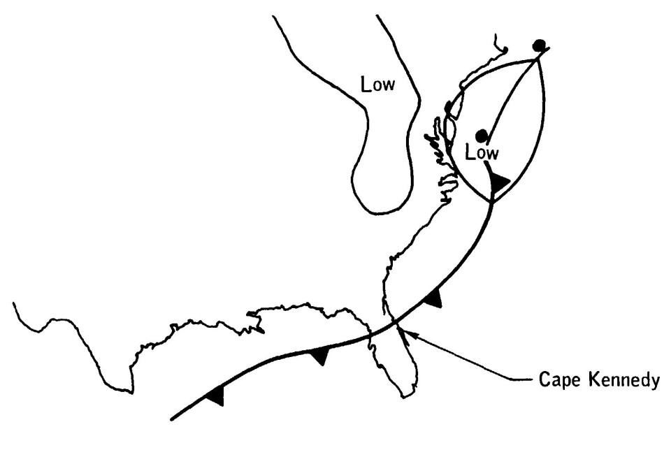 Kallfronten över Florida den 14:e november 1969, illustrerad i Nasarapporten Analysis of Apollo 12 lightning incident.