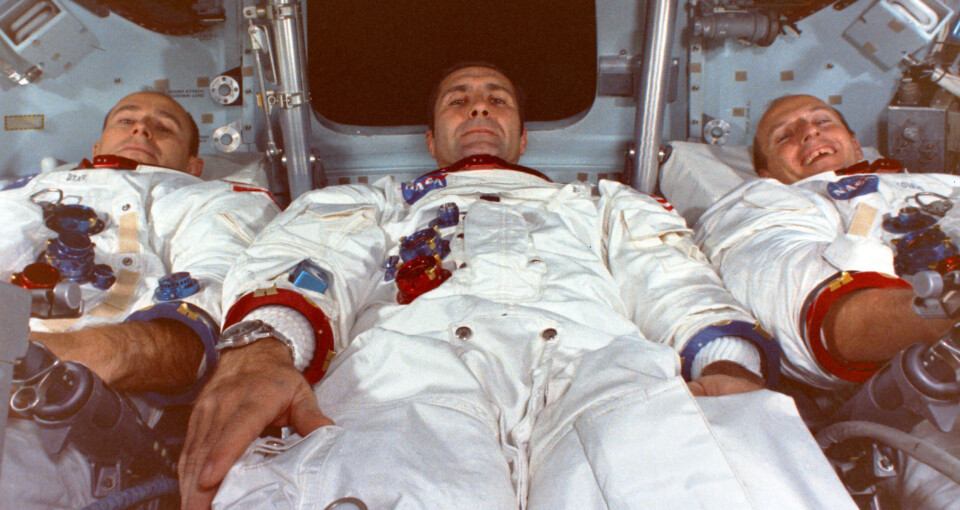 Från vänster: Alan Bean, månlandarpilot, Richard ”Dick” Gordon, kommandomodulpilot, Charles ”Pete” Conrad, befälhavare. Bilden tagen vid ett tidigare träningstillfälle.