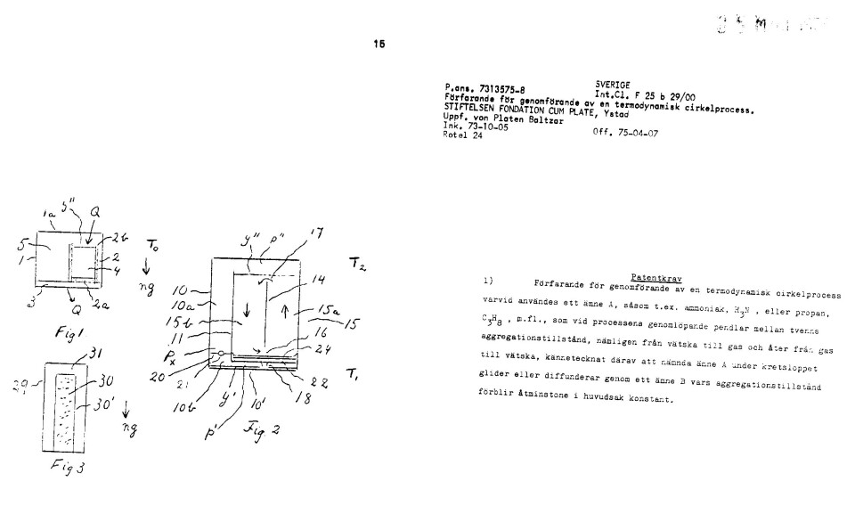 Baltzar von Platens patentansökan på ”Machine for recovering energy by means of a cyclic thermodynamic process”.