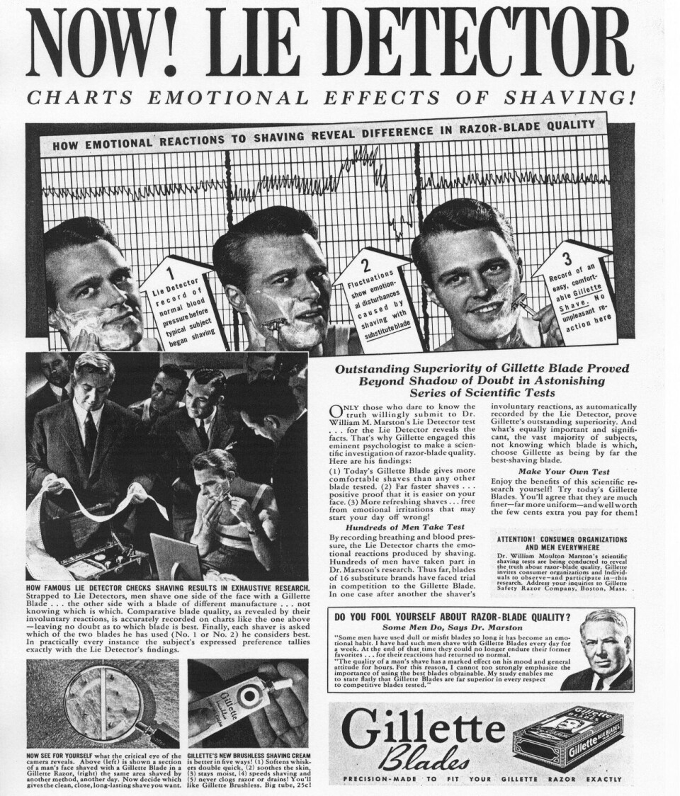 I reklamen från 1938 ”bevisar” lögndetektorn att ett visst rakblad var bäst då blodtrycket inte steg från obehaget när mannen rakade sig med det.